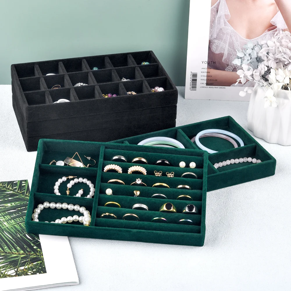 Black/Dark Green Flannel Jewelry Storage Box Household Drawer Earring Necklace Ring Tray Head Rope Ear Clip Display Storage Tray