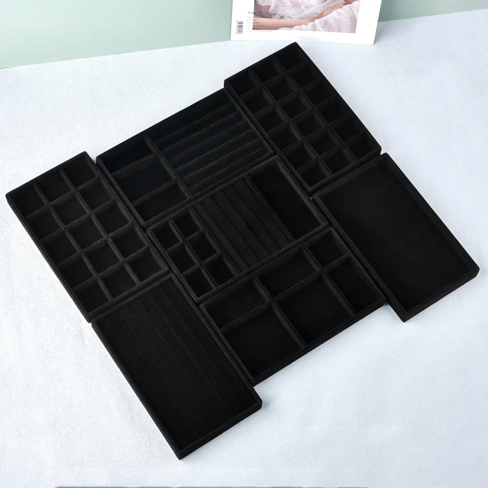 Black/Dark Green Flannel Jewelry Storage Box Household Drawer Earring Necklace Ring Tray Head Rope Ear Clip Display Storage Tray