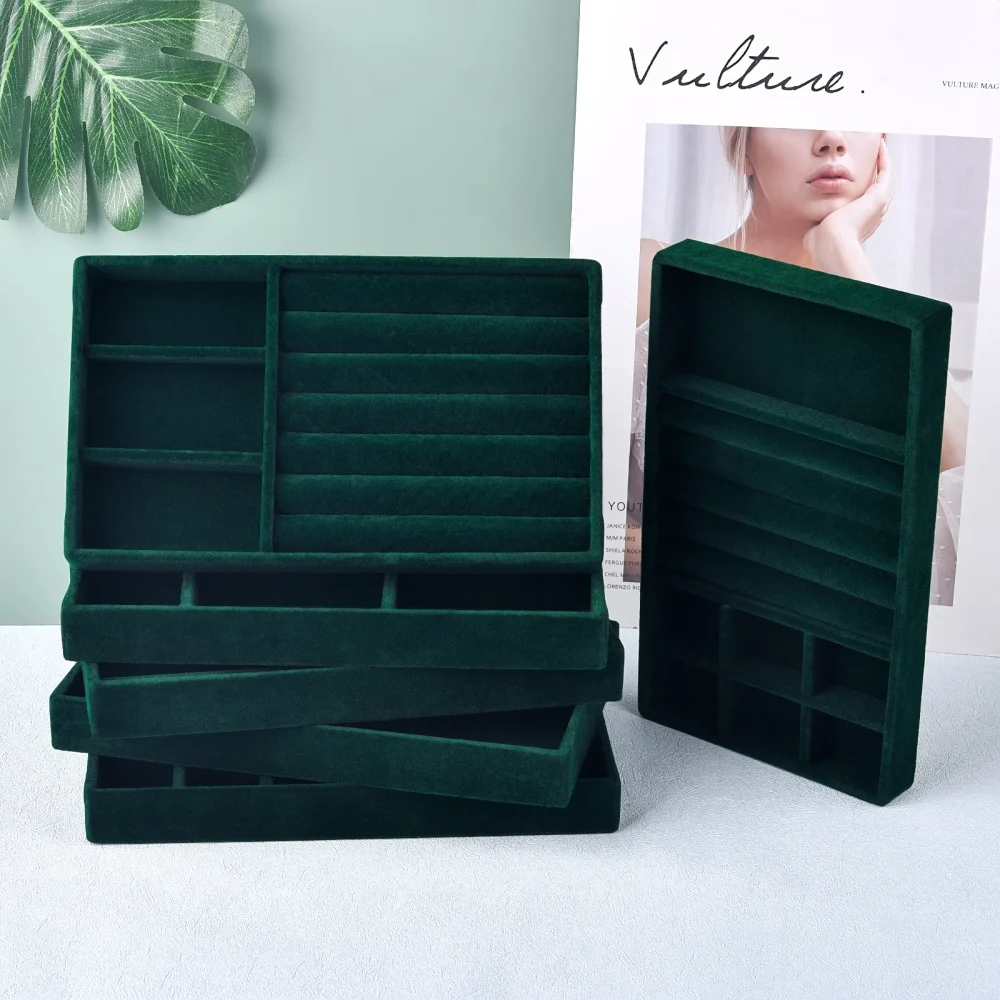 Black/Dark Green Flannel Jewelry Storage Box Household Drawer Earring Necklace Ring Tray Head Rope Ear Clip Display Storage Tray