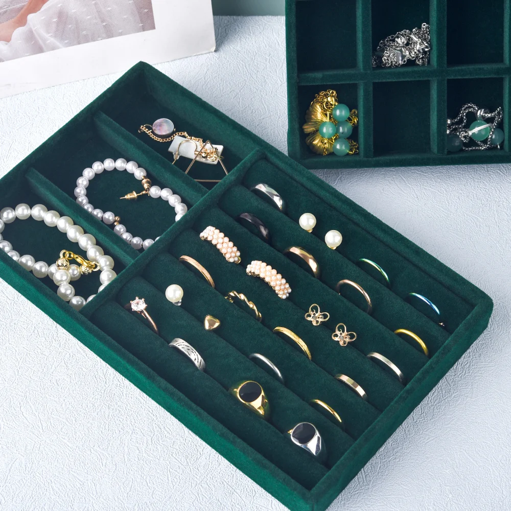 Black/Dark Green Flannel Jewelry Storage Box Household Drawer Earring Necklace Ring Tray Head Rope Ear Clip Display Storage Tray