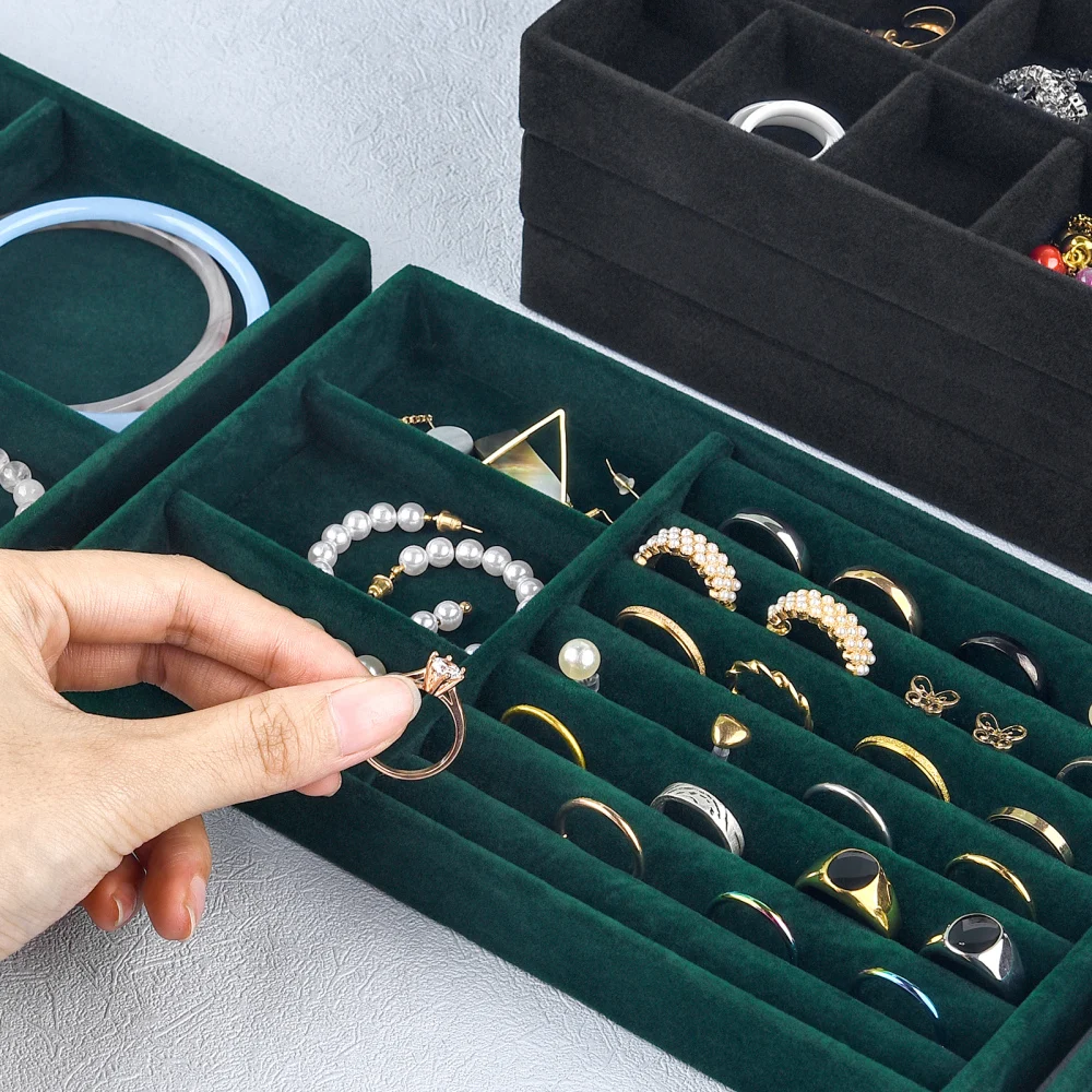 Black/Dark Green Flannel Jewelry Storage Box Household Drawer Earring Necklace Ring Tray Head Rope Ear Clip Display Storage Tray