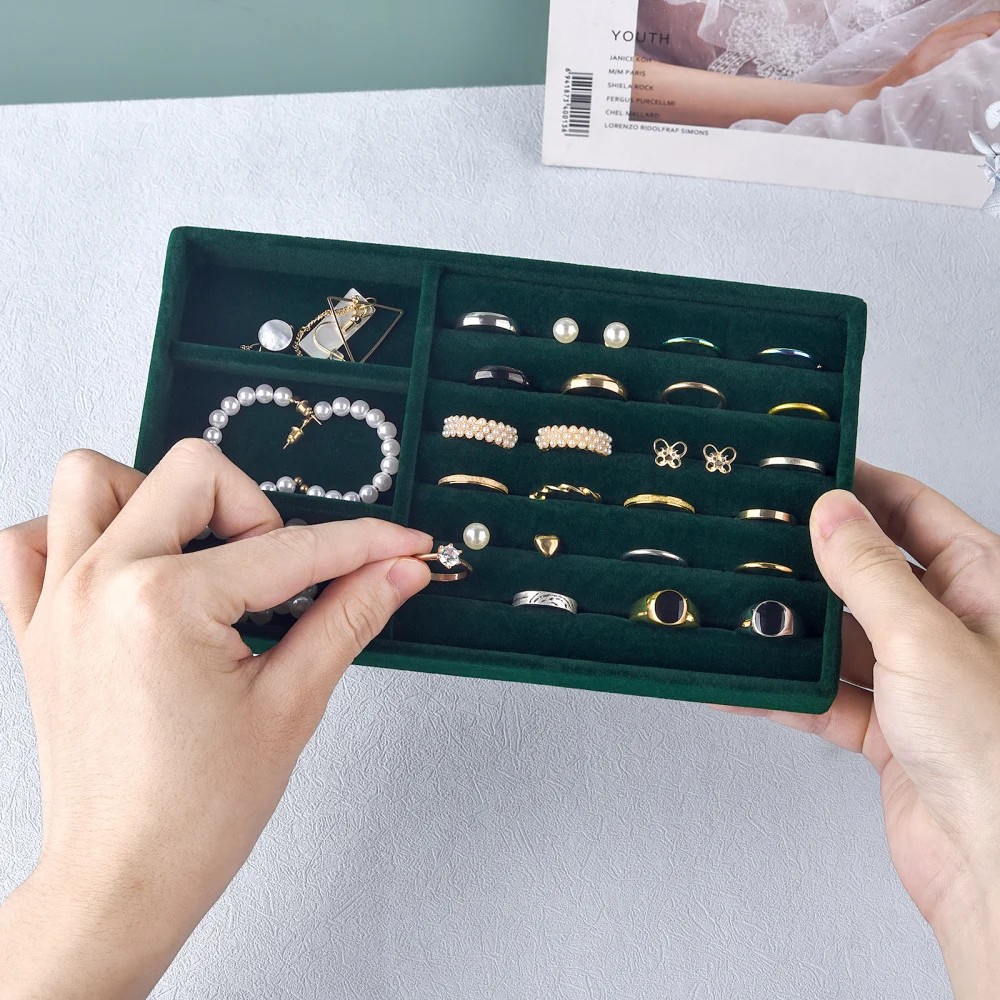 Black/Dark Green Flannel Jewelry Storage Box Household Drawer Earring Necklace Ring Tray Head Rope Ear Clip Display Storage Tray