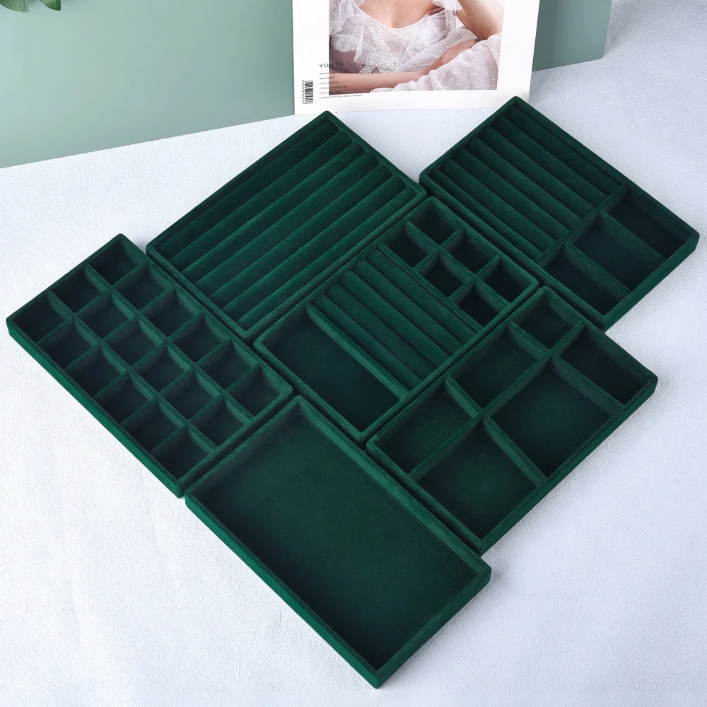 Black/Dark Green Flannel Jewelry Storage Box Household Drawer Earring Necklace Ring Tray Head Rope Ear Clip Display Storage Tray