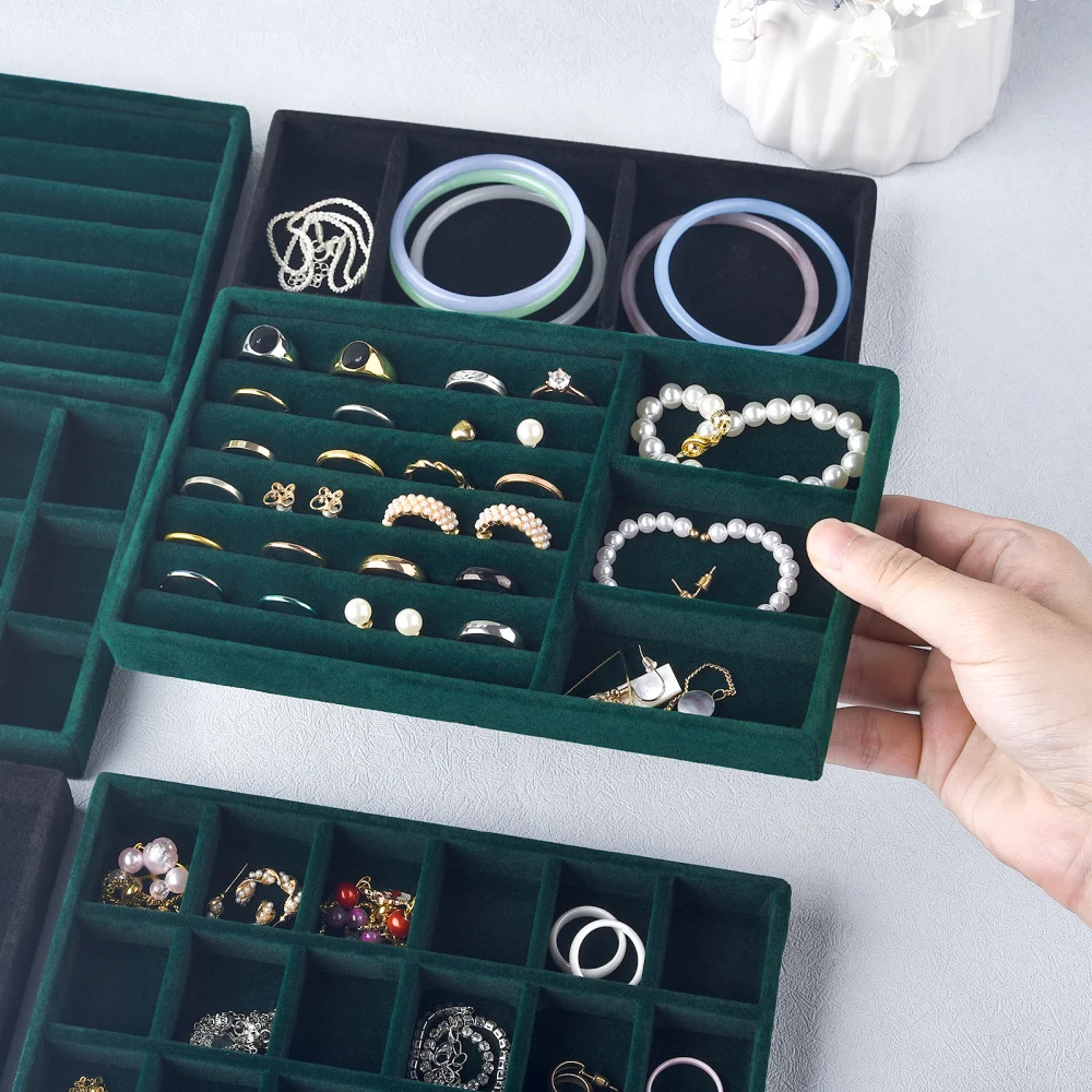 Black/Dark Green Flannel Jewelry Storage Box Household Drawer Earring Necklace Ring Tray Head Rope Ear Clip Display Storage Tray