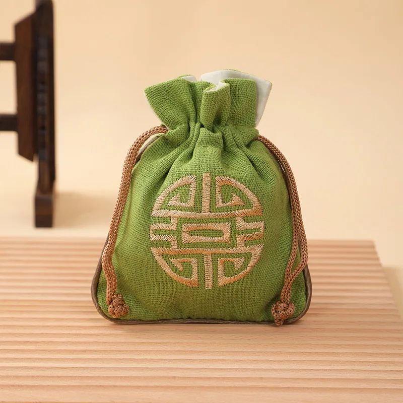 Vintage Linen Drawstring Jewelry Bag Embroidered Chinese Knot Pouch Cotton Linen Storage Bag for Small Items 11.5*14cm 14.5g