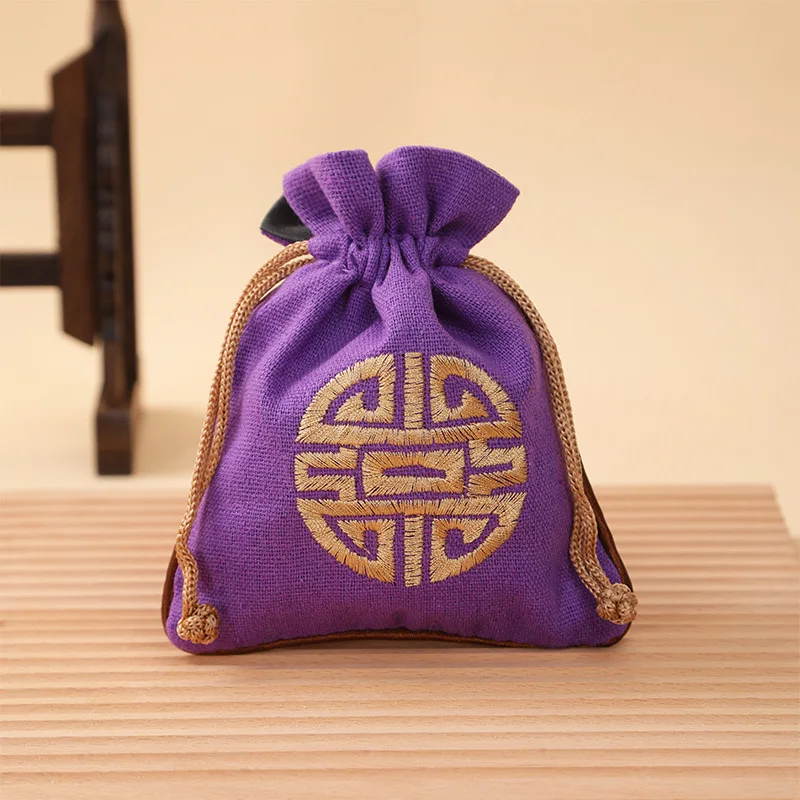 Vintage Linen Drawstring Jewelry Bag Embroidered Chinese Knot Pouch Cotton Linen Storage Bag for Small Items 11.5*14cm 14.5g