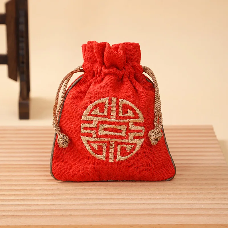 Vintage Linen Drawstring Jewelry Bag Embroidered Chinese Knot Pouch Cotton Linen Storage Bag for Small Items 11.5*14cm 14.5g