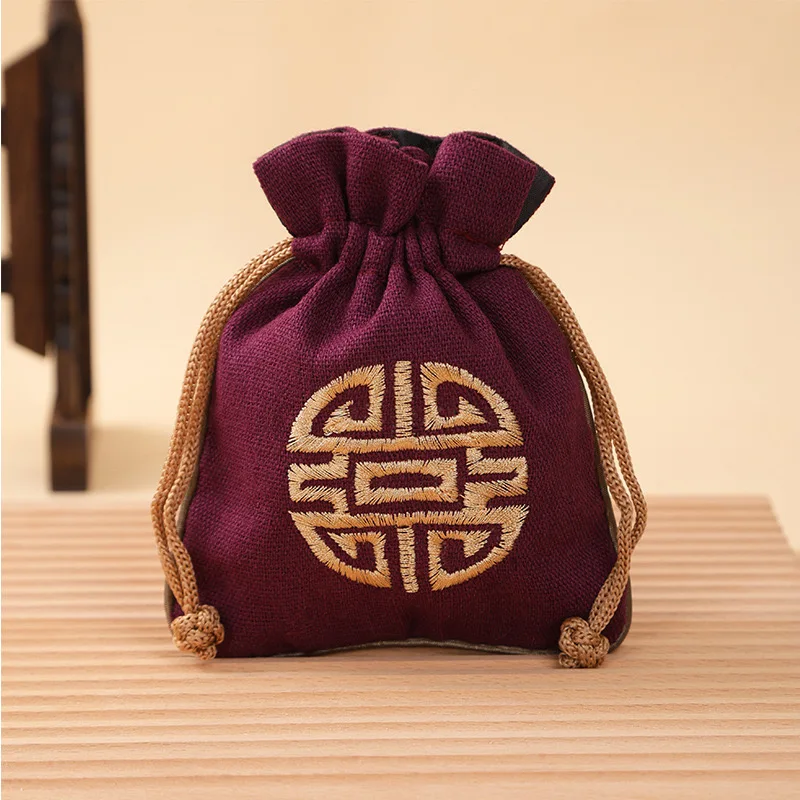 Vintage Linen Drawstring Jewelry Bag Embroidered Chinese Knot Pouch Cotton Linen Storage Bag for Small Items 11.5*14cm 14.5g