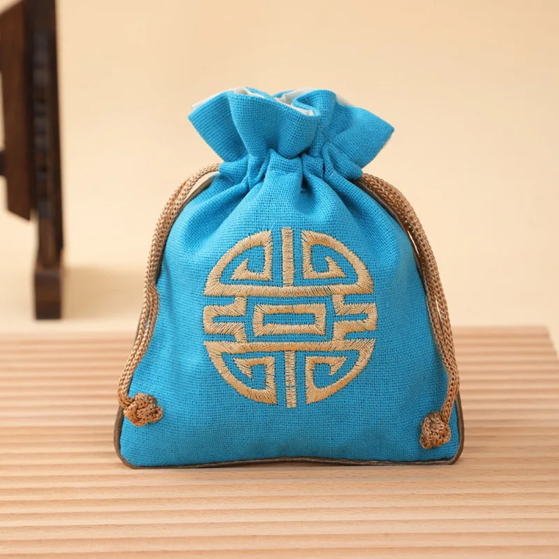 Vintage Linen Drawstring Jewelry Bag Embroidered Chinese Knot Pouch Cotton Linen Storage Bag for Small Items 11.5*14cm 14.5g