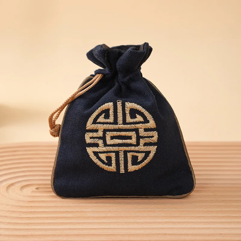 Vintage Linen Drawstring Jewelry Bag Embroidered Chinese Knot Pouch Cotton Linen Storage Bag for Small Items 11.5*14cm 14.5g