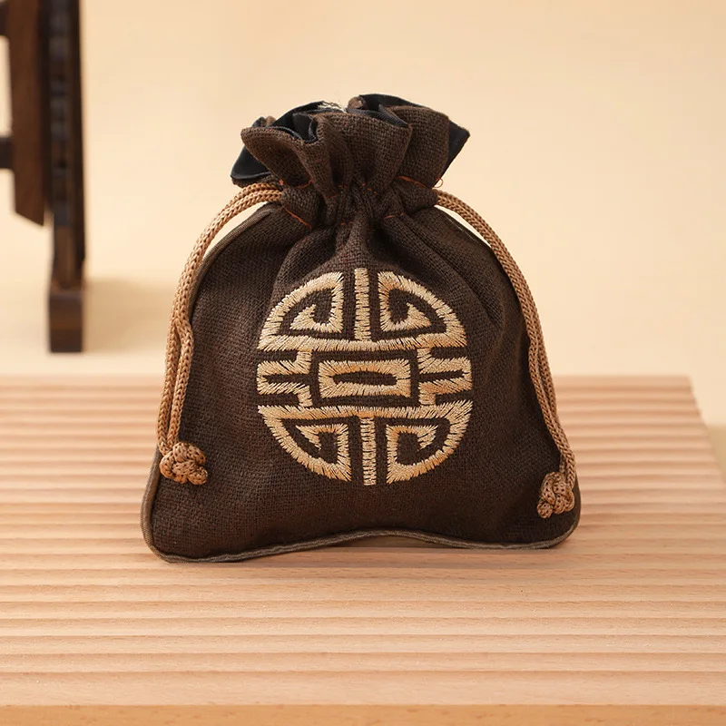 Vintage Linen Drawstring Jewelry Bag Embroidered Chinese Knot Pouch Cotton Linen Storage Bag for Small Items 11.5*14cm 14.5g