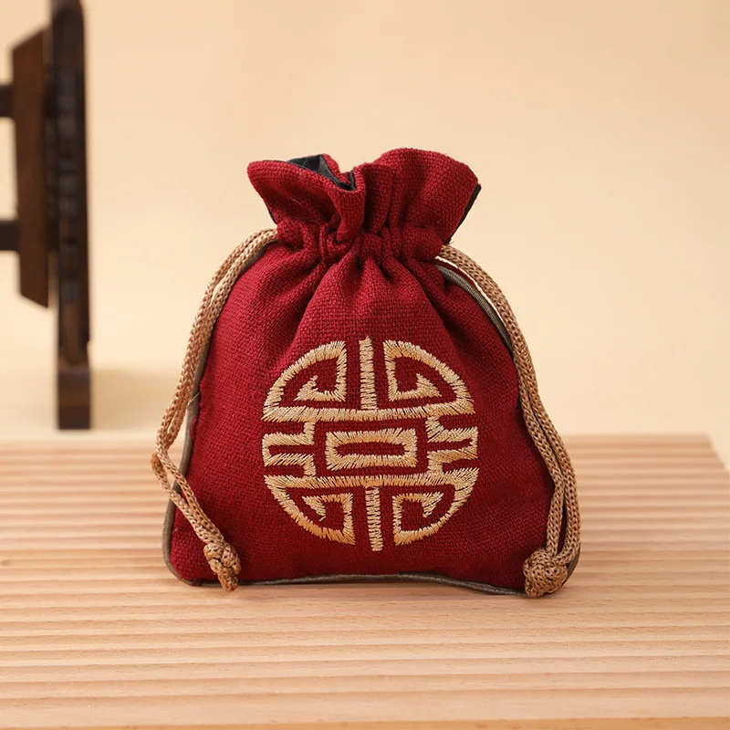 Vintage Linen Drawstring Jewelry Bag Embroidered Chinese Knot Pouch Cotton Linen Storage Bag for Small Items 11.5*14cm 14.5g