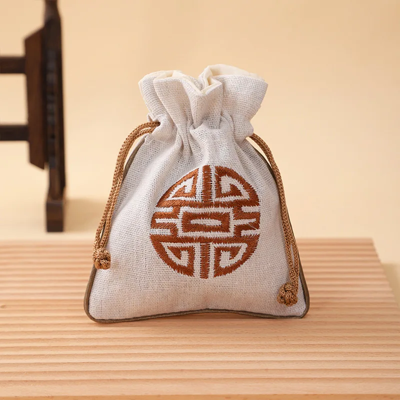 Vintage Linen Drawstring Jewelry Bag Embroidered Chinese Knot Pouch Cotton Linen Storage Bag for Small Items 11.5*14cm 14.5g