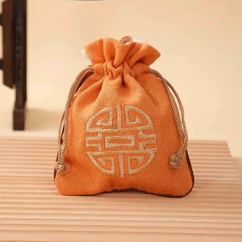 Vintage Linen Drawstring Jewelry Bag Embroidered Chinese Knot Pouch Cotton Linen Storage Bag for Small Items 11.5*14cm 14.5g
