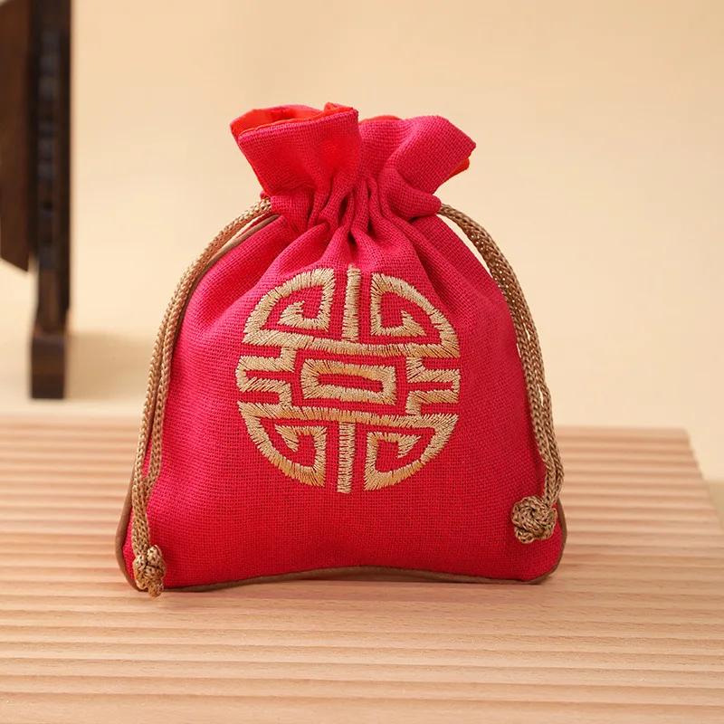Vintage Linen Drawstring Jewelry Bag Embroidered Chinese Knot Pouch Cotton Linen Storage Bag for Small Items 11.5*14cm 14.5g