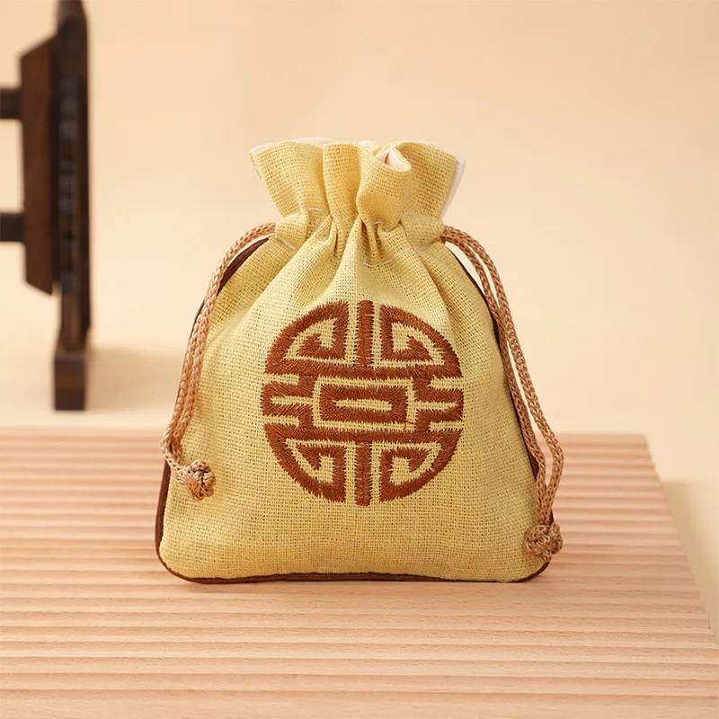 Vintage Linen Drawstring Jewelry Bag Embroidered Chinese Knot Pouch Cotton Linen Storage Bag for Small Items 11.5*14cm 14.5g