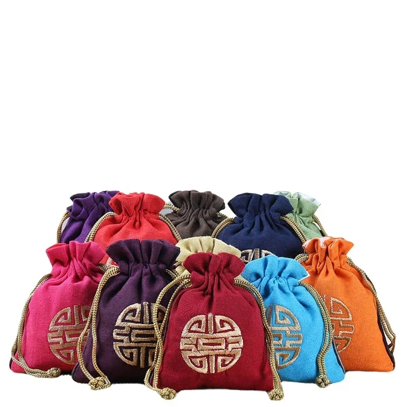Vintage Linen Drawstring Jewelry Bag Embroidered Chinese Knot Pouch Cotton Linen Storage Bag for Small Items 11.5*14cm 14.5g