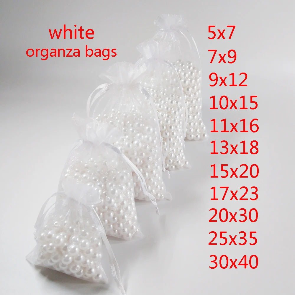 100pcs/Lot Wedding Party White Organza Gift Bags Bag 7x9 9x12 10x15 13x18 15x20 17x23 20x30 30x40cm Jewelry Packaging Bags Pouch