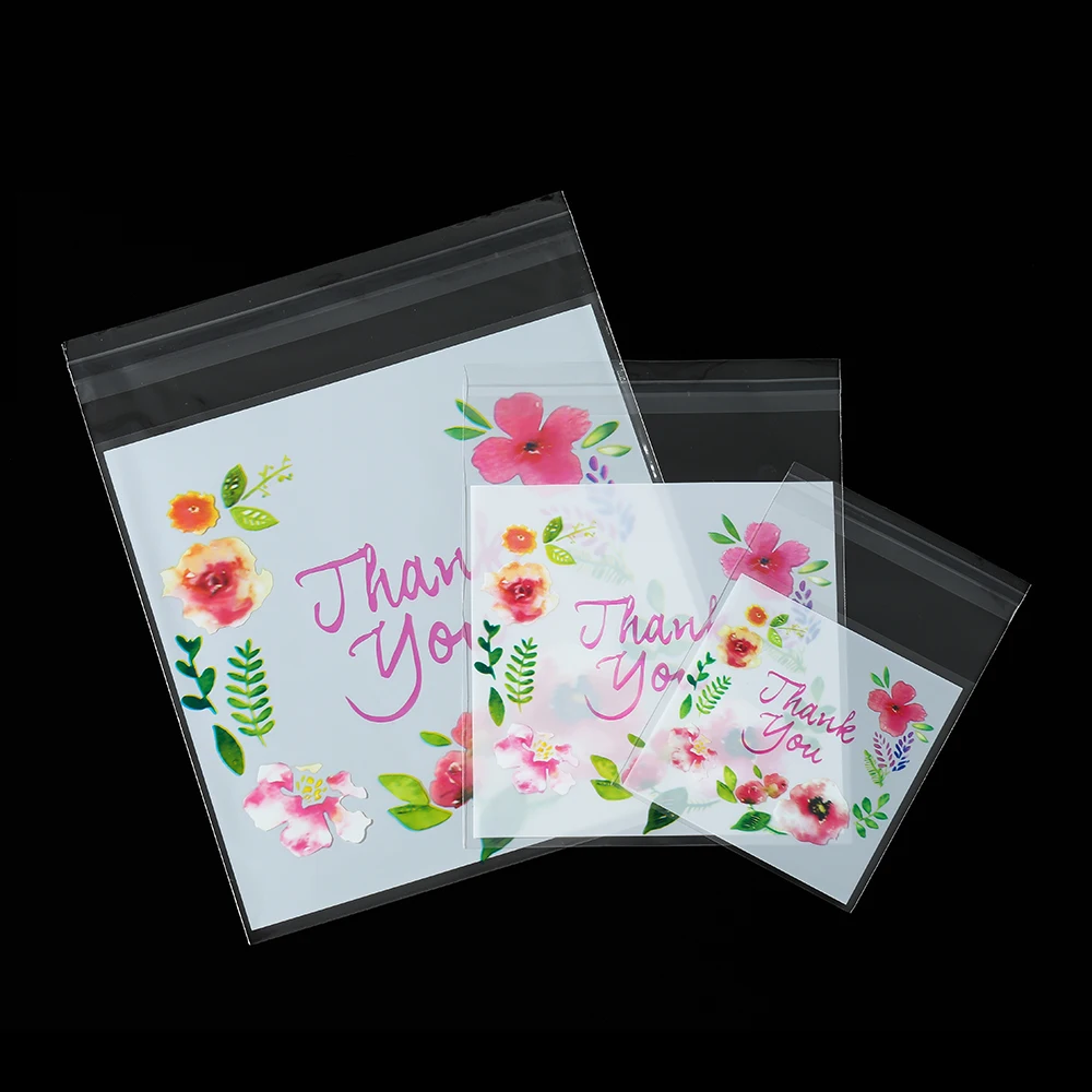 100pcs/lot Colourful Flowers THANK YOU Self-adhesive Bag Plastic Pouches for DIY Jewelry Display Cookies Storage Gifts Bag