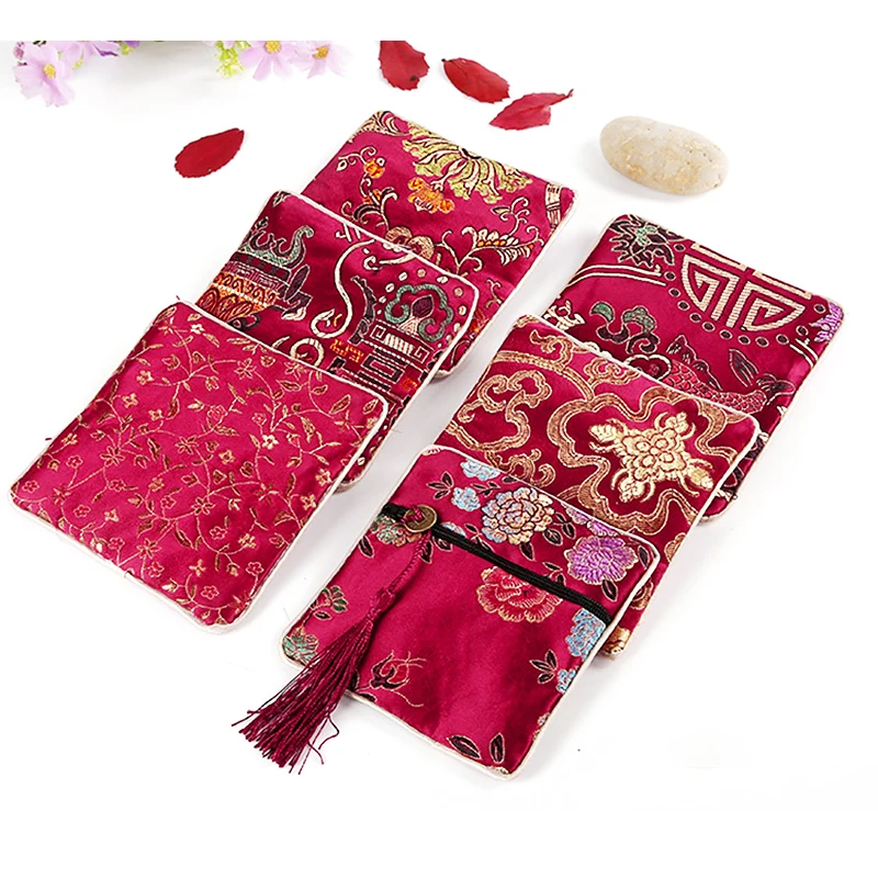 Chinese Brocade Jewelry Storage Bag Handmade Silk Embroidery Padded Small Zipper Tassel Jewelry Organizer Pouch Satin Gift Bag
