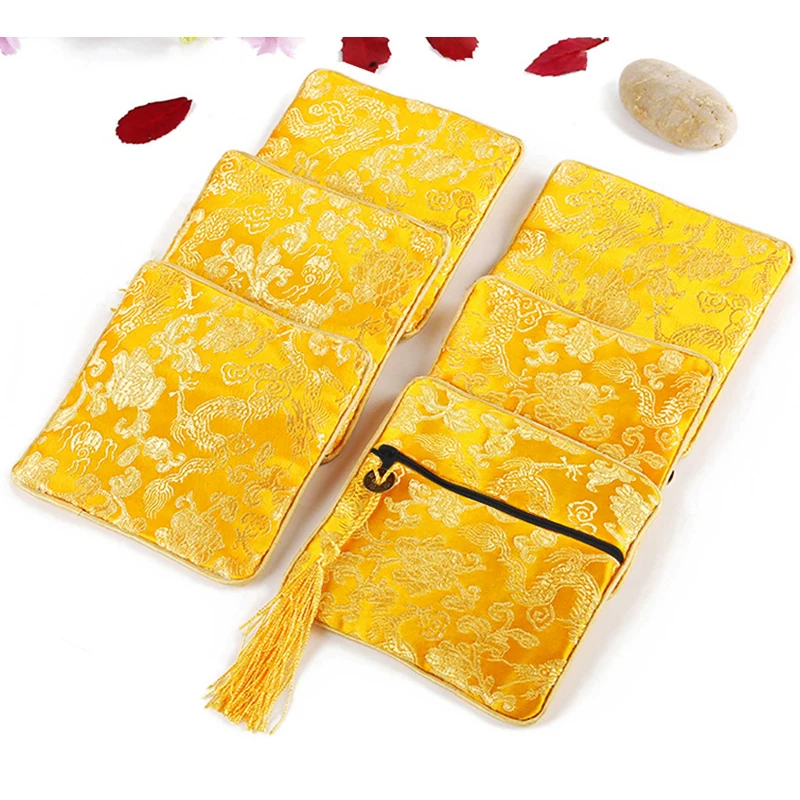 Chinese Brocade Jewelry Storage Bag Handmade Silk Embroidery Padded Small Zipper Tassel Jewelry Organizer Pouch Satin Gift Bag