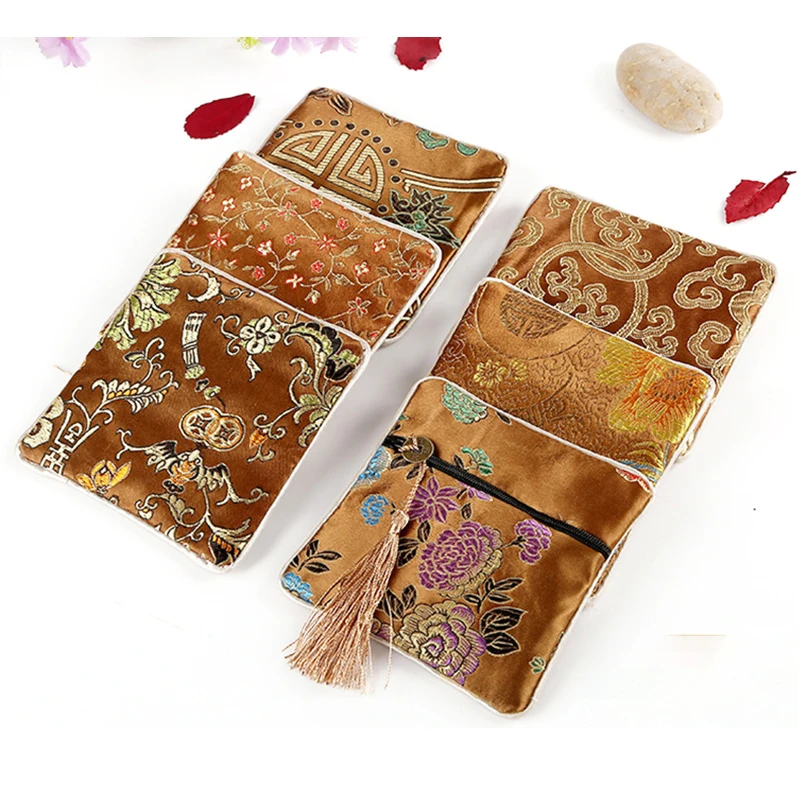Chinese Brocade Jewelry Storage Bag Handmade Silk Embroidery Padded Small Zipper Tassel Jewelry Organizer Pouch Satin Gift Bag