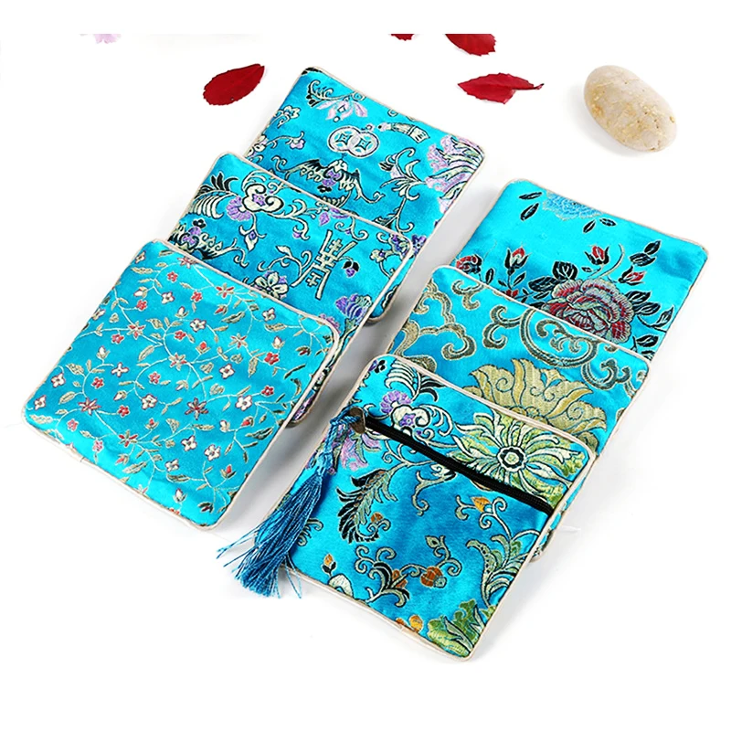 Chinese Brocade Jewelry Storage Bag Handmade Silk Embroidery Padded Small Zipper Tassel Jewelry Organizer Pouch Satin Gift Bag