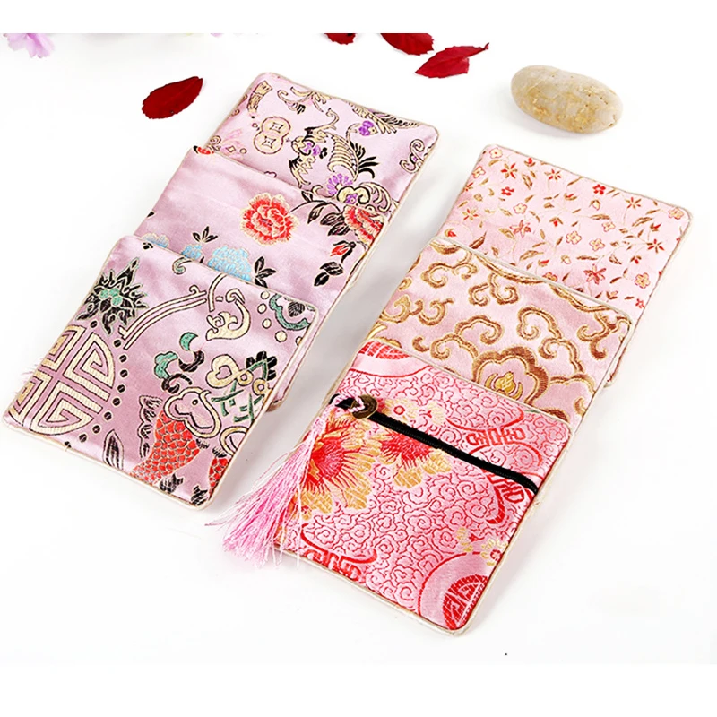 Chinese Brocade Jewelry Storage Bag Handmade Silk Embroidery Padded Small Zipper Tassel Jewelry Organizer Pouch Satin Gift Bag