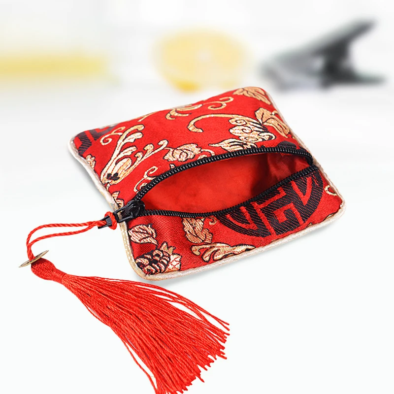 Chinese Brocade Jewelry Storage Bag Handmade Silk Embroidery Padded Small Zipper Tassel Jewelry Organizer Pouch Satin Gift Bag