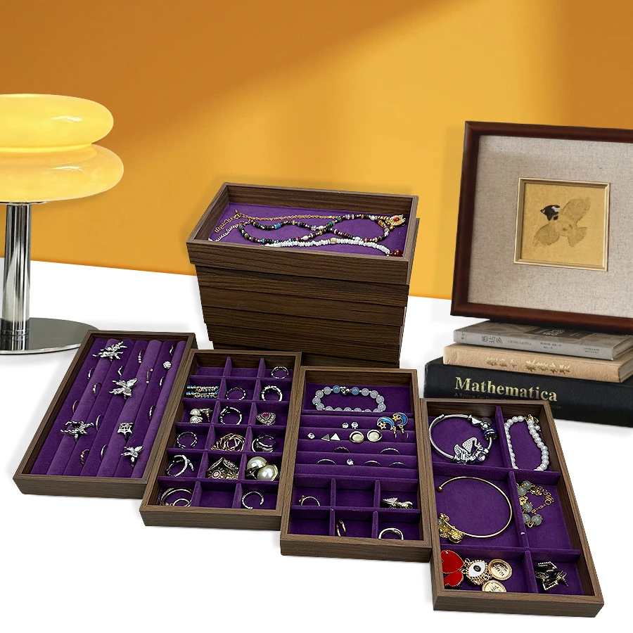 1 Pc, Walnut Wood Pattern Jewelry Box, Jewelry Tray, Suitable for Storing Necklaces, Rings, Earrings, and Ear Studs Color: Violet
