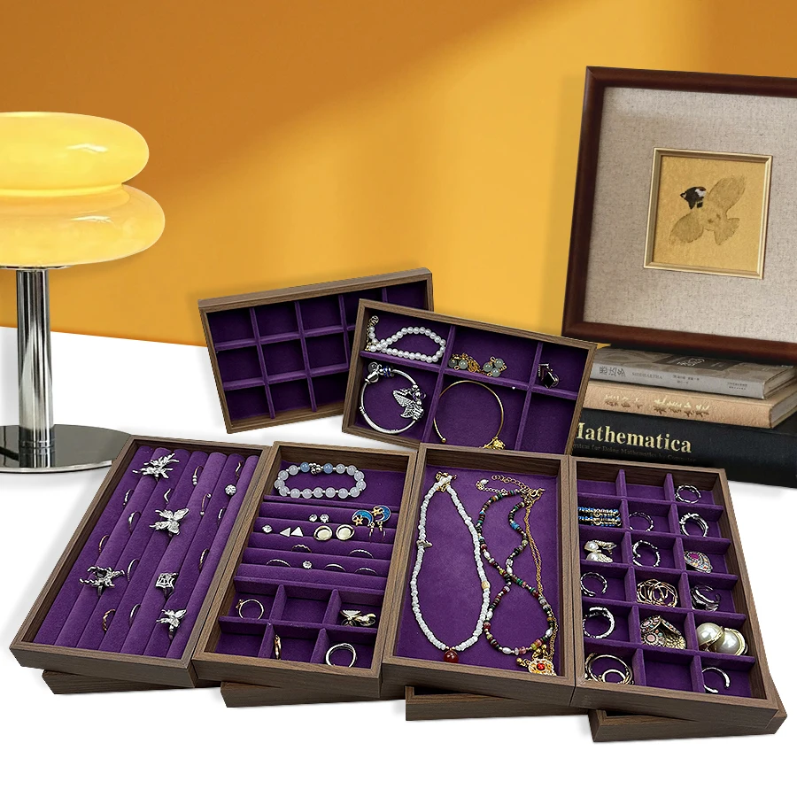 1 Pc, Walnut Wood Pattern Jewelry Box, Jewelry Tray, Suitable for Storing Necklaces, Rings, Earrings, and Ear Studs Color: Violet