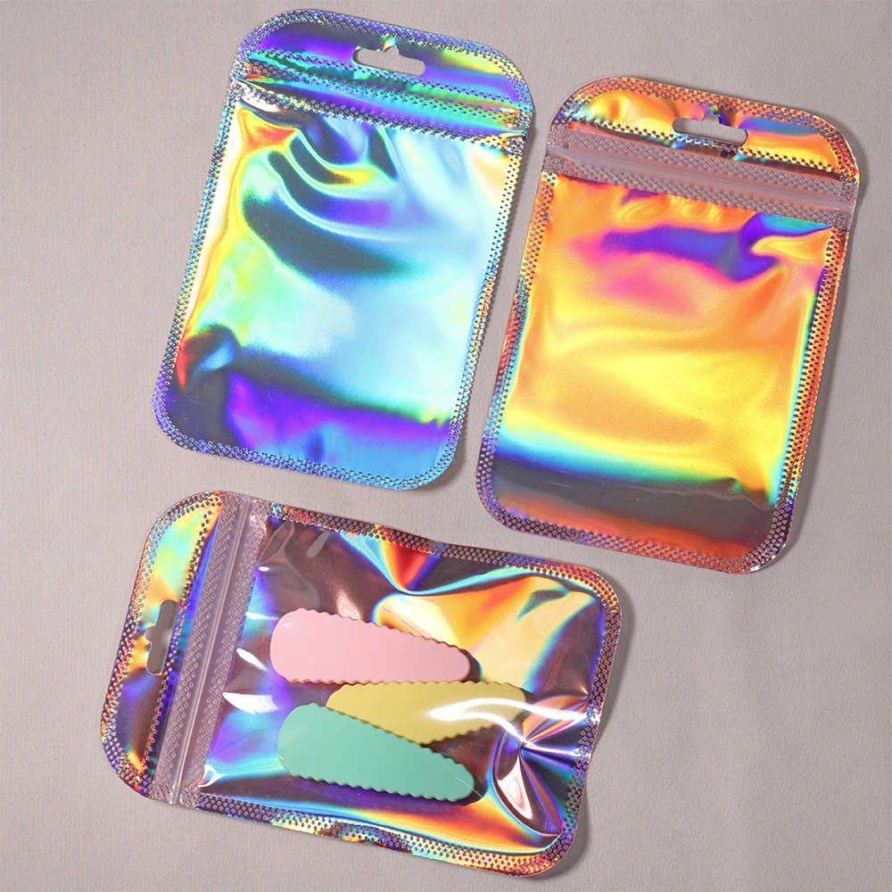 50pcs 8.5x13cm Pink Zipper Bag Thicken Transparent Laser Plastic Bag Sealing Pouches for Jewelry Display Nail Cosmetic Packaging