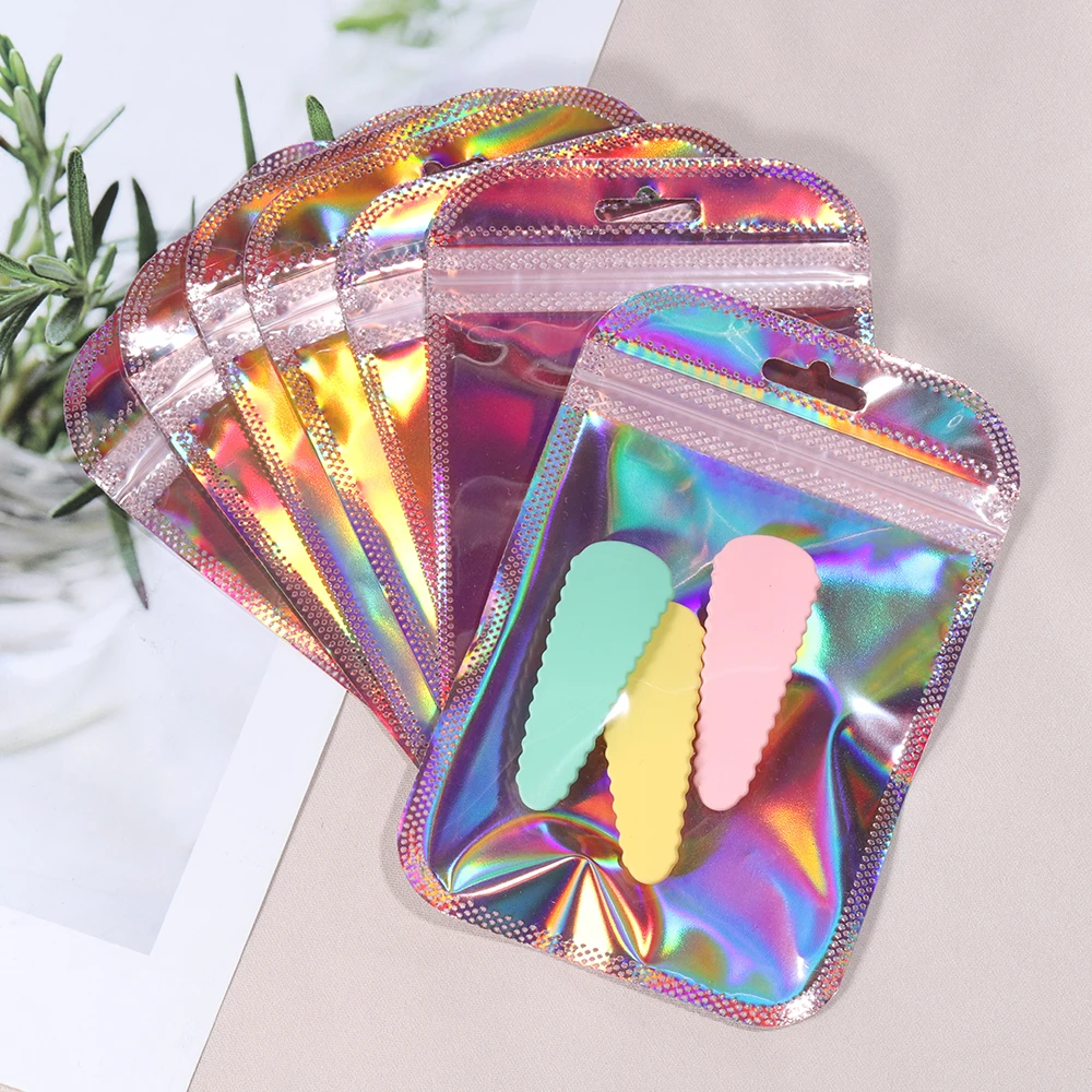50pcs 8.5x13cm Pink Zipper Bag Thicken Transparent Laser Plastic Bag Sealing Pouches for Jewelry Display Nail Cosmetic Packaging