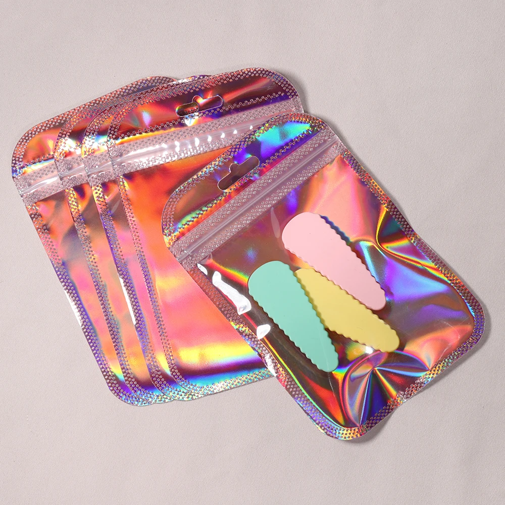 50pcs 8.5x13cm Pink Zipper Bag Thicken Transparent Laser Plastic Bag Sealing Pouches for Jewelry Display Nail Cosmetic Packaging
