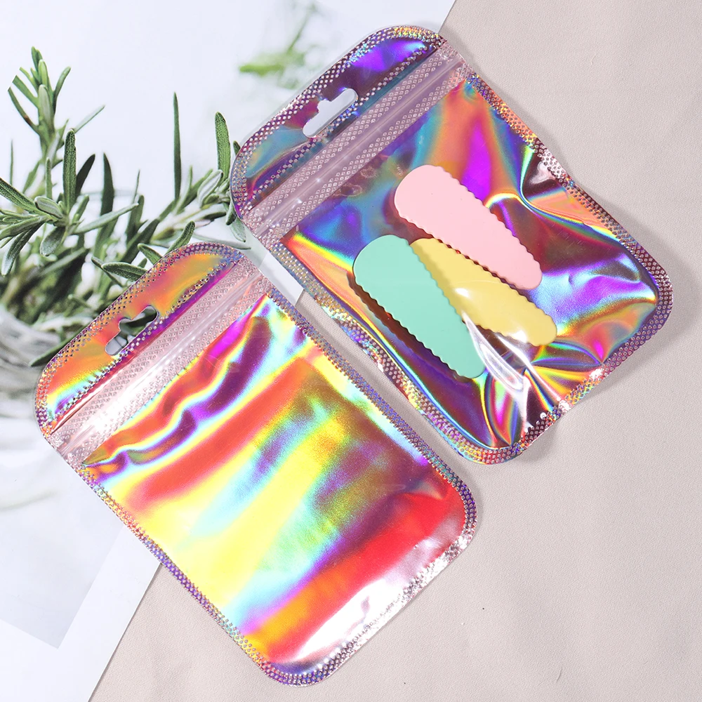 50pcs 8.5x13cm Pink Zipper Bag Thicken Transparent Laser Plastic Bag Sealing Pouches for Jewelry Display Nail Cosmetic Packaging