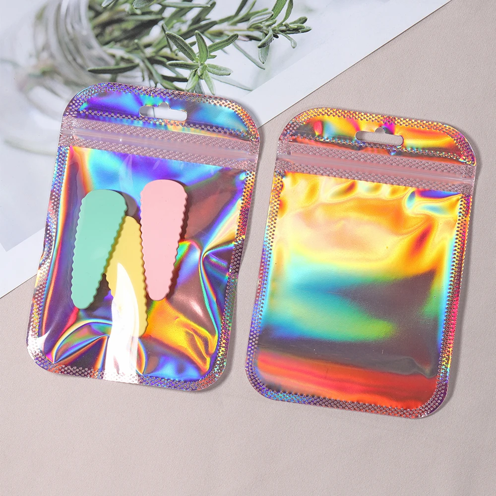 50pcs 8.5x13cm Pink Zipper Bag Thicken Transparent Laser Plastic Bag Sealing Pouches for Jewelry Display Nail Cosmetic Packaging