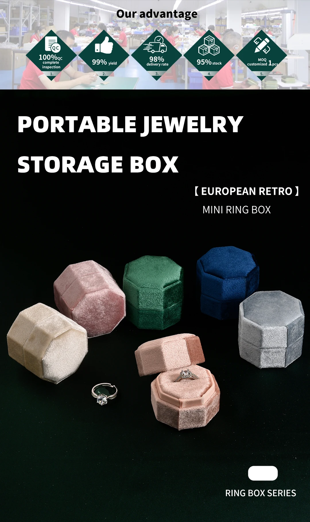TAIMY Mini Velvet Octagon Custom Logo Jewelry Box Muti Color Three Slots Double Ring Box Wedding Marry Gifts Ring Case