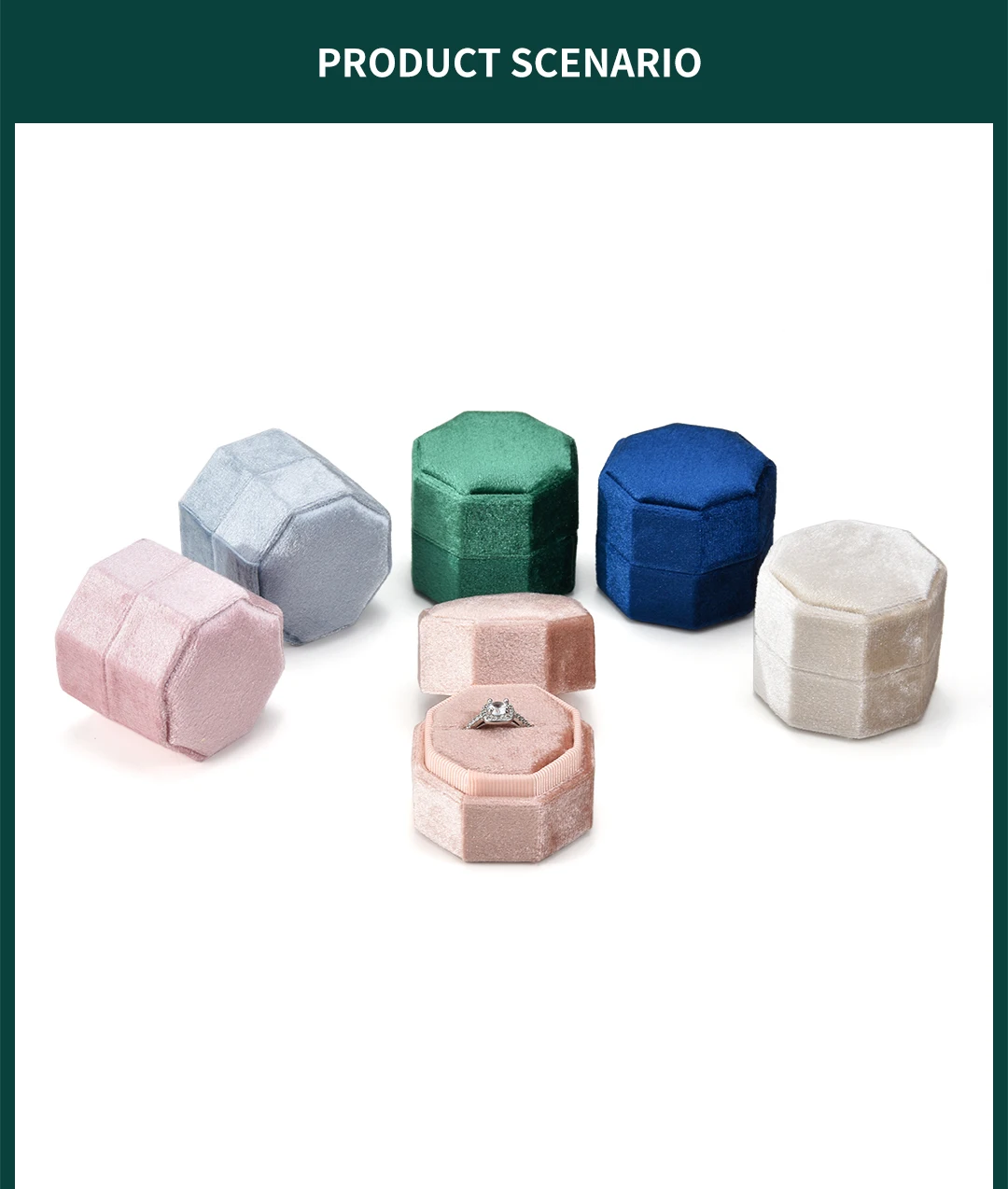TAIMY Mini Velvet Octagon Custom Logo Jewelry Box Muti Color Three Slots Double Ring Box Wedding Marry Gifts Ring Case