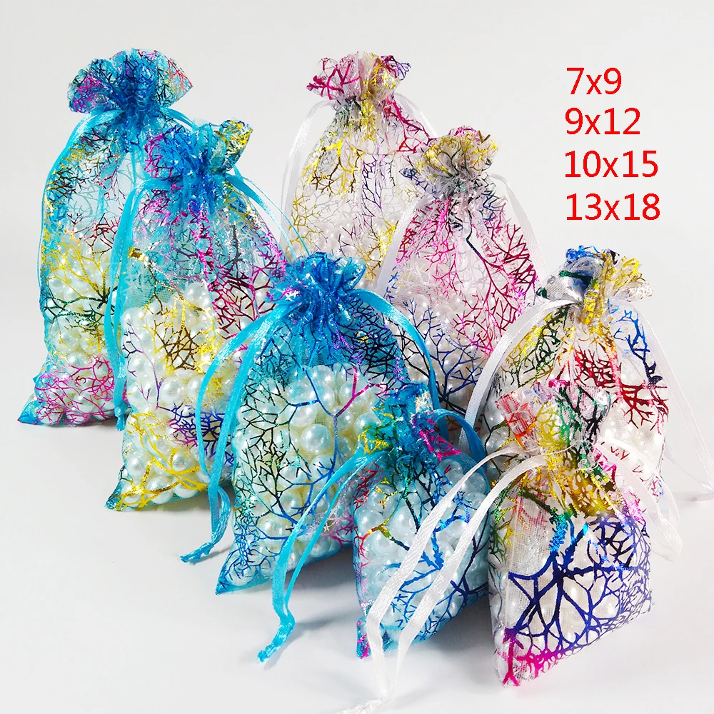 50pcs/lot 7x9 9x12 10x15 13x18cm Colorful Drawstring Organza Bags  Jewelry Packaging Bags Wedding Party Gift Bag Jewelry Pouch