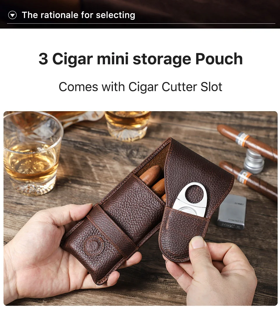 Vintage Genuine Leather 3-Finger Cigars Holder Portable Humidor Box With Cutter Case For Men Men's Gift Box/Gift Bag