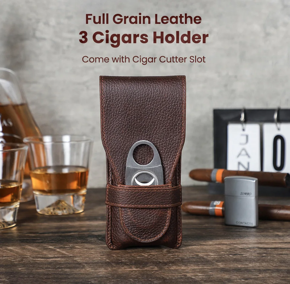 Vintage Genuine Leather 3-Finger Cigars Holder Portable Humidor Box With Cutter Case For Men Men's Gift Box/Gift Bag