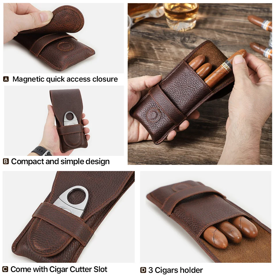 Vintage Genuine Leather 3-Finger Cigars Holder Portable Humidor Box With Cutter Case For Men Men's Gift Box/Gift Bag