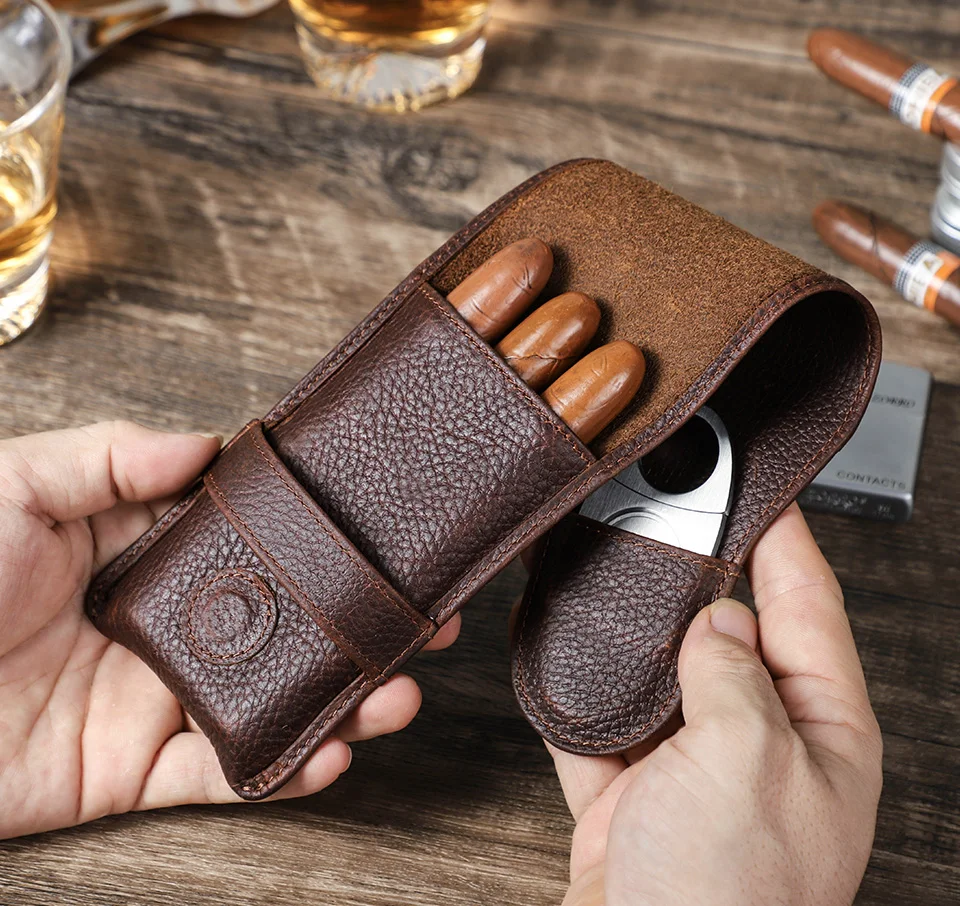 Vintage Genuine Leather 3-Finger Cigars Holder Portable Humidor Box With Cutter Case For Men Men's Gift Box/Gift Bag