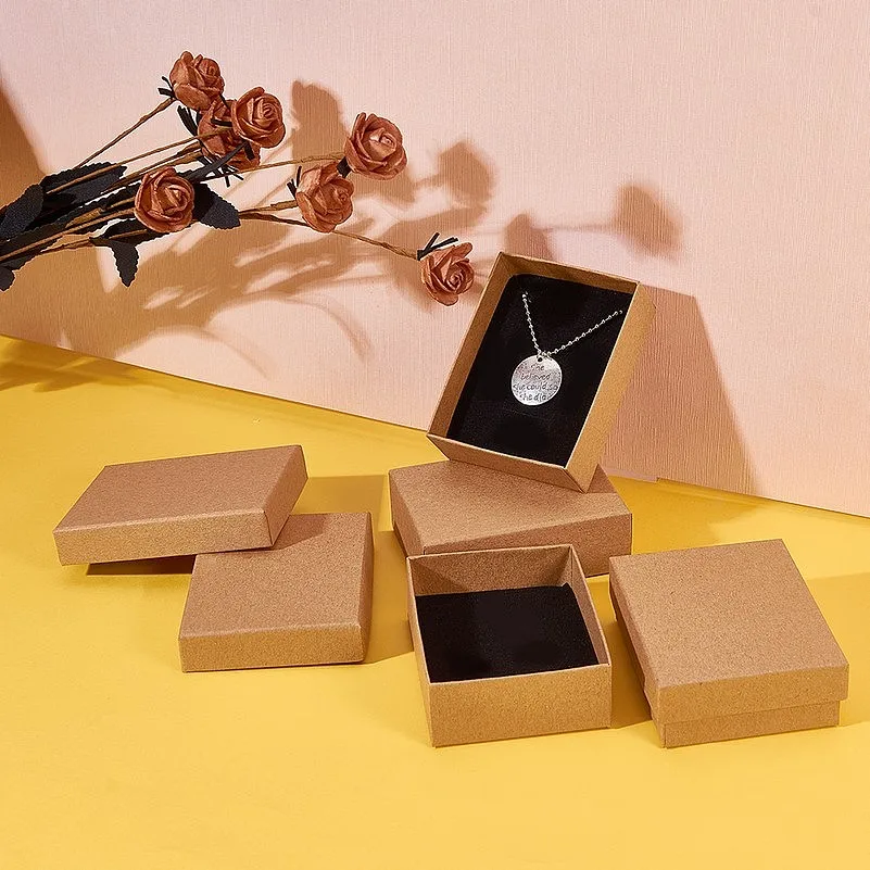 12pcs Kraft Cotton Filled Cardboard Jewelry Box with Sponge Insert, 9x7x3cm Rectangle Display Box for Ring Necklace Earring Set