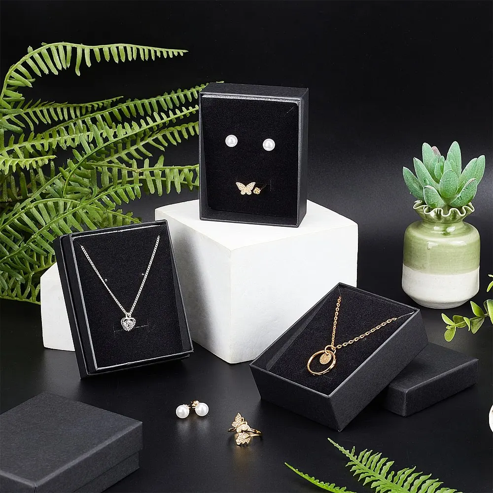 12pcs Kraft Cotton Filled Cardboard Jewelry Box with Sponge Insert, 9x7x3cm Rectangle Display Box for Ring Necklace Earring Set