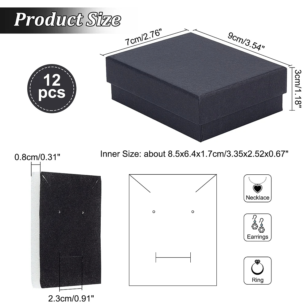12pcs Kraft Cotton Filled Cardboard Jewelry Box with Sponge Insert, 9x7x3cm Rectangle Display Box for Ring Necklace Earring Set