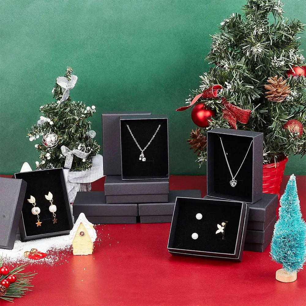 12pcs Kraft Cotton Filled Cardboard Jewelry Box with Sponge Insert, 9x7x3cm Rectangle Display Box for Ring Necklace Earring Set