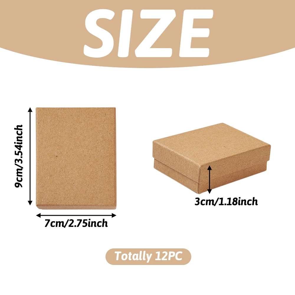 12pcs Kraft Cotton Filled Cardboard Jewelry Box with Sponge Insert, 9x7x3cm Rectangle Display Box for Ring Necklace Earring Set