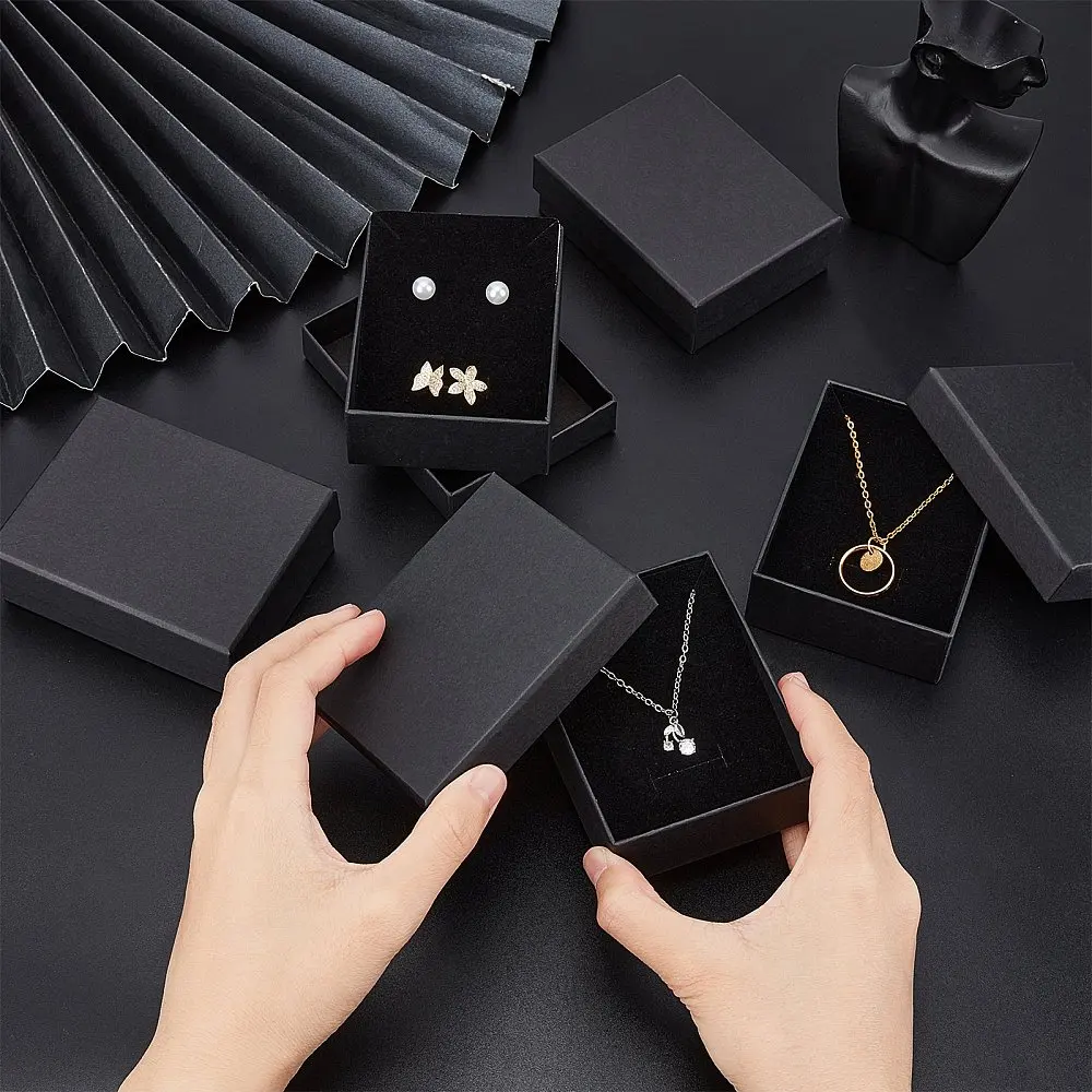 12pcs Kraft Cotton Filled Cardboard Jewelry Box with Sponge Insert, 9x7x3cm Rectangle Display Box for Ring Necklace Earring Set