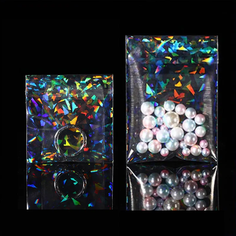 50pcs/lot Transparent Laser Fragment Self-adhesive Bag Plastic Pouch for Jewelry Retail Display Packaging Flash Holographic Bag